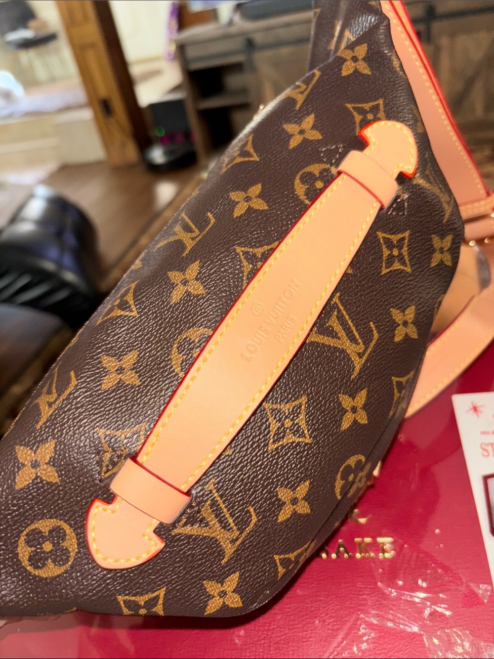 Designer-Inspired Brown Monogram Crossbody Bag with Tan Accents - Picture 2 of 6